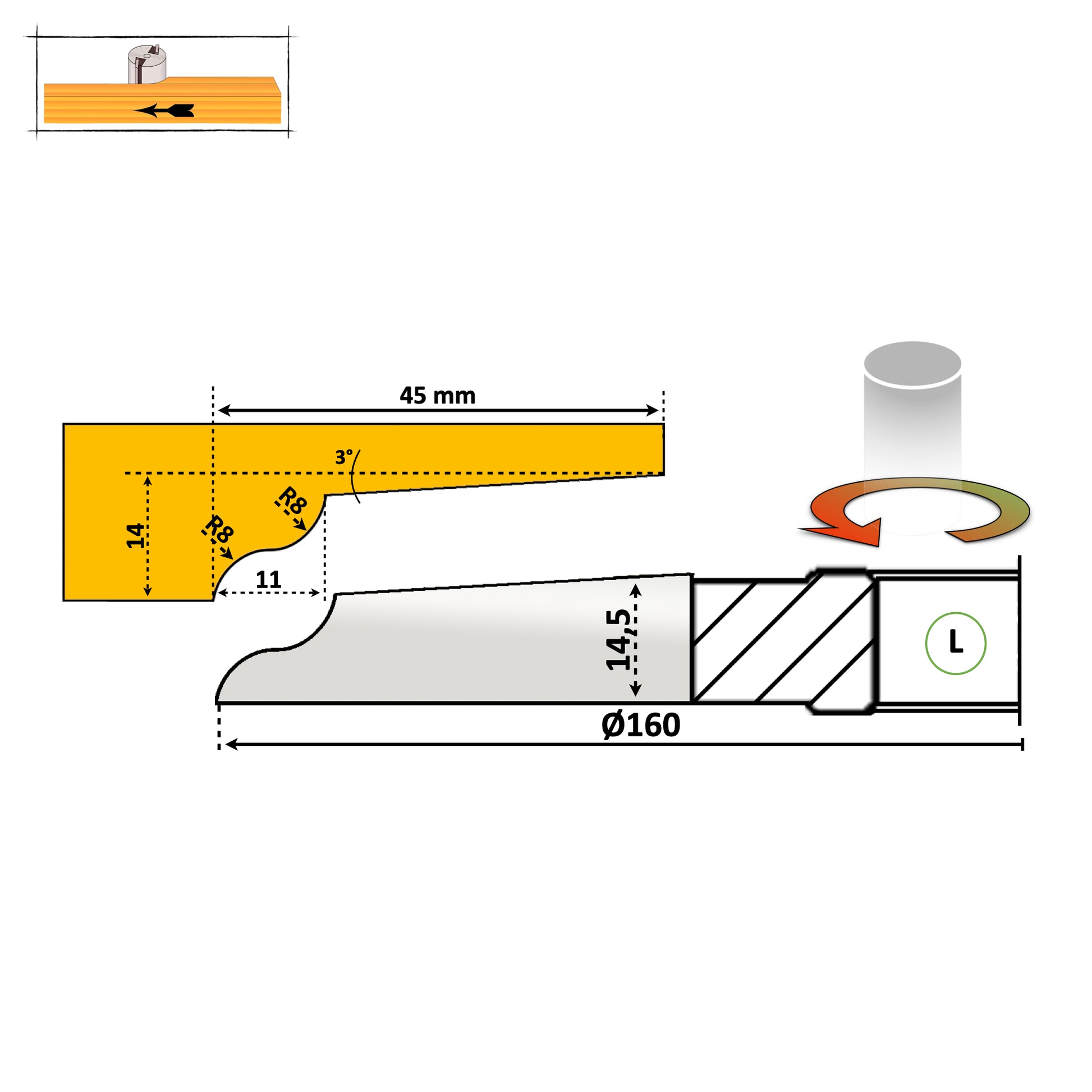 Freza tablie mobila 45 mm HSS cu un profil smecher neted pentru lemn esenta moale cu partea activa sub lemn