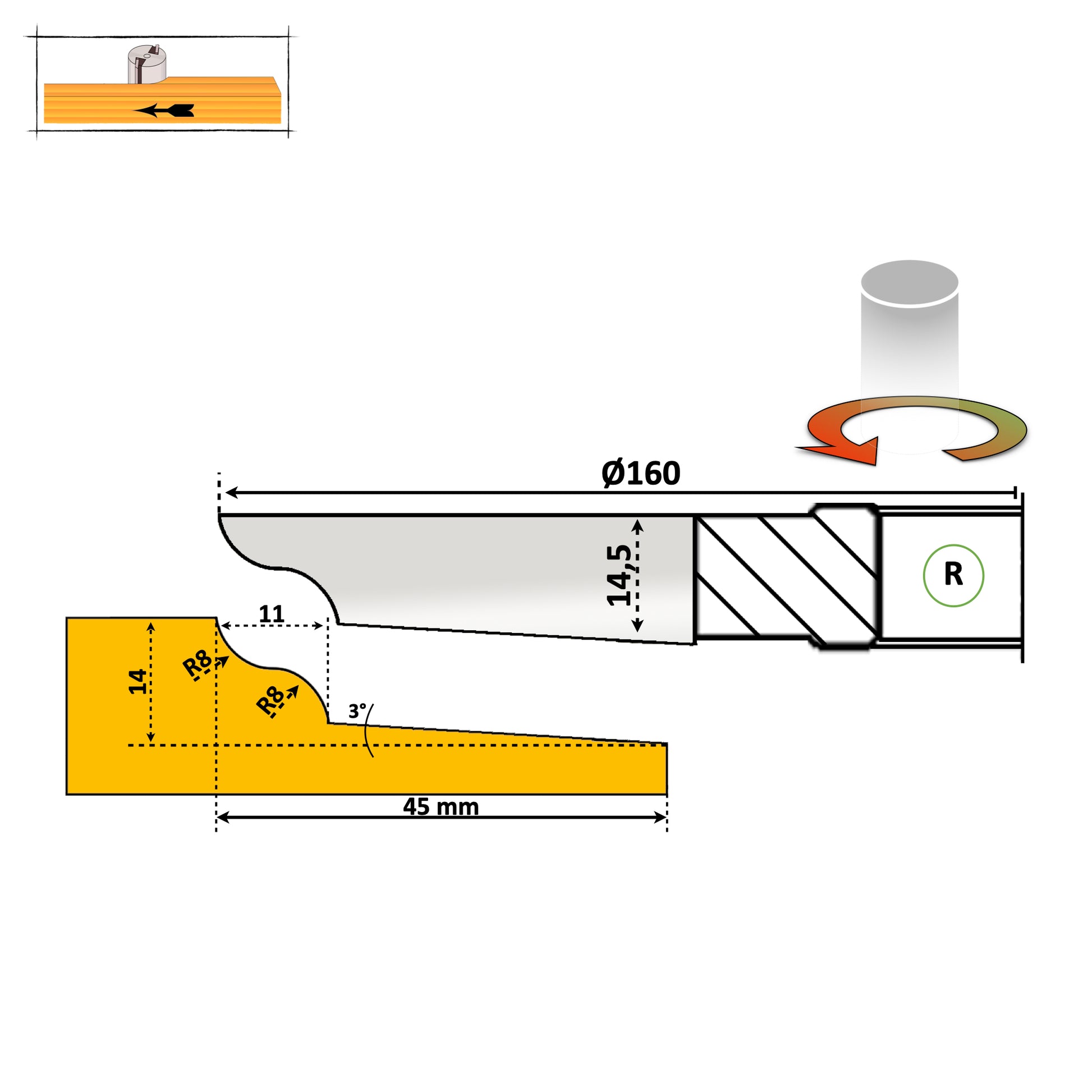 Freza tablie mobila 45 mm HSS cu un profil smecher neted pentru lemn esenta moale cu partea activa asupra lemnului