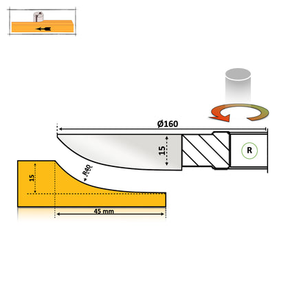 Freza tablie mobila 45 mm HSS cu un profil absolut semirotunjit neted cu raza 40 mm cu partea activa asupra lemnului