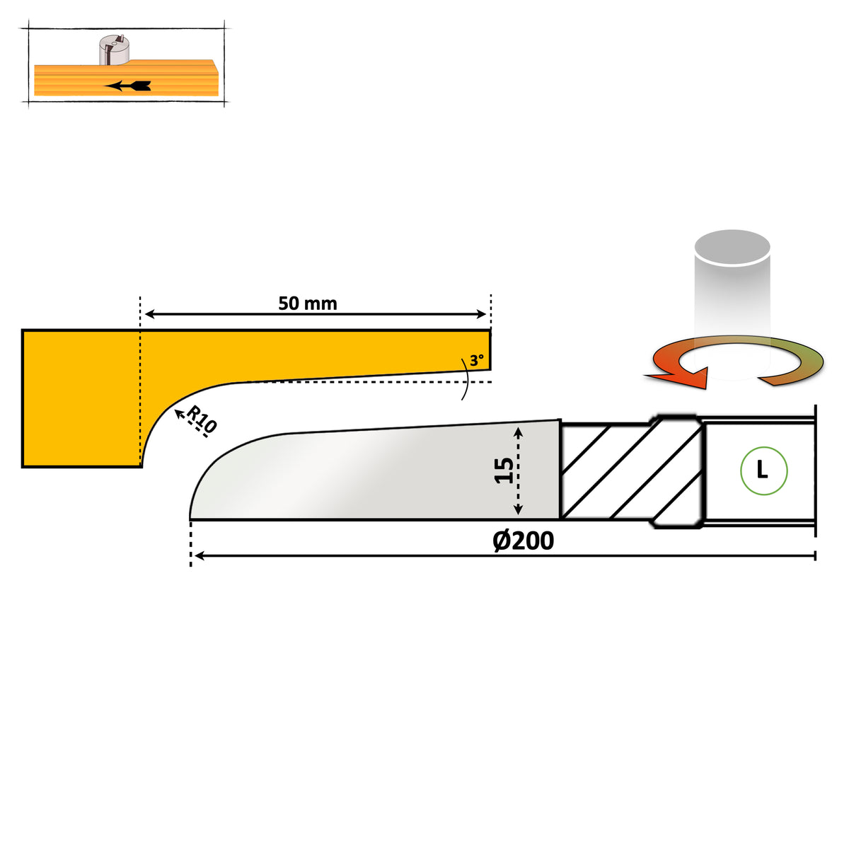 Freza diamentru 200 mm pentru tablie usi cu un profil siplu si neted cu partea activa sub scandura cu raza de 10 mm
