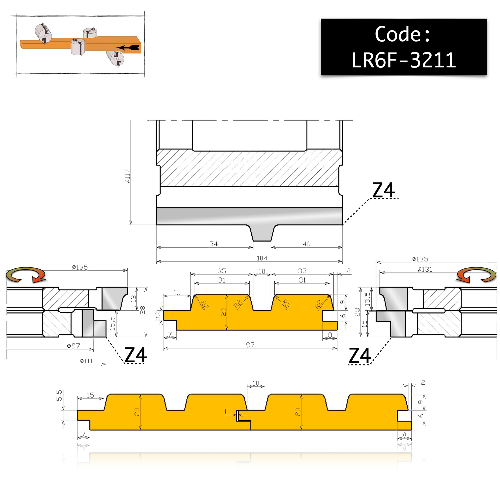Set 5 Freze pentru Lambriu Tip Panou Riflaj de 100 mm pe 20 mm grosime cu 2 ghiburi