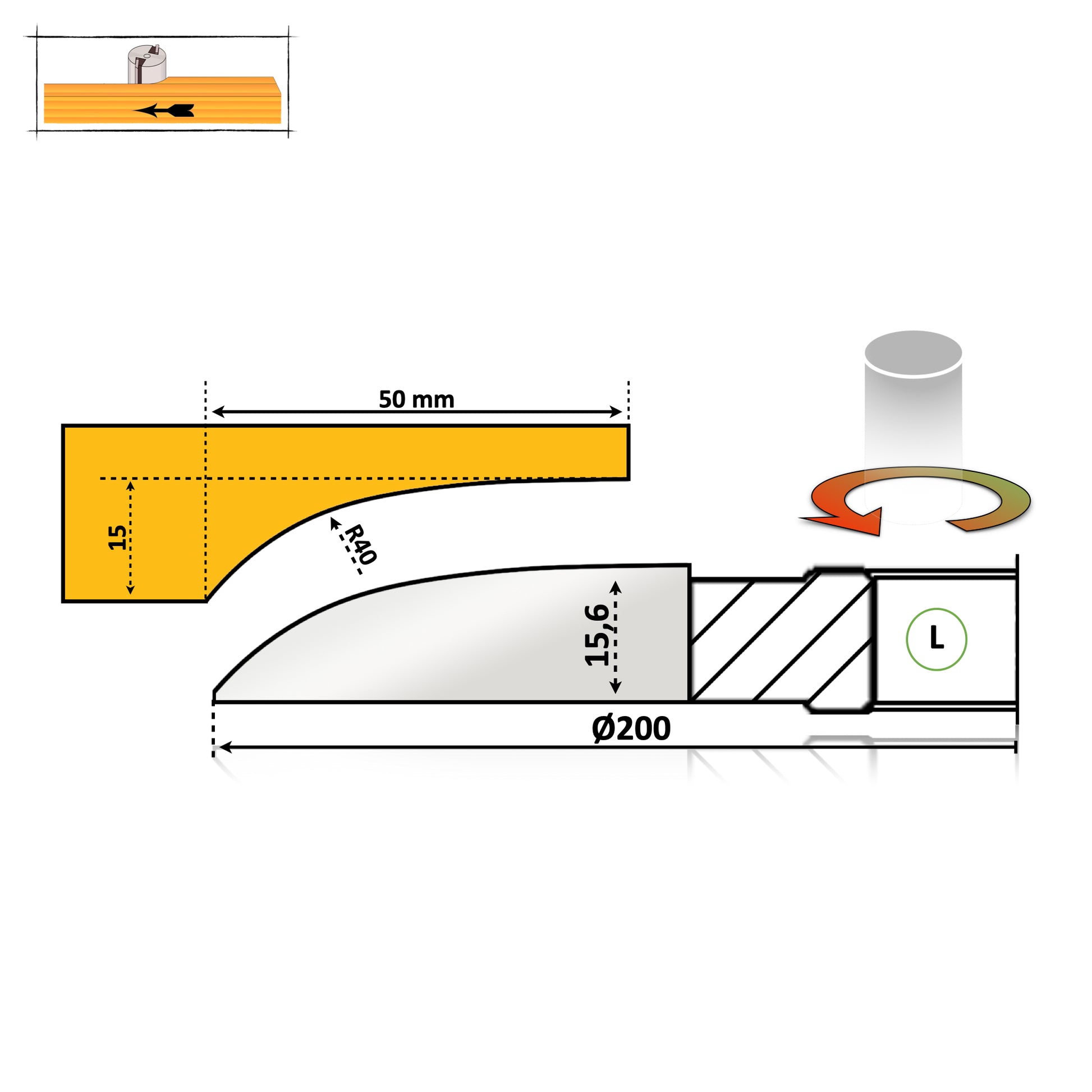 Freza diamentru 200 mm pentru tablie usi cu un profil siplu si neted cu partea activa sub scandura cu raza de 20 mm