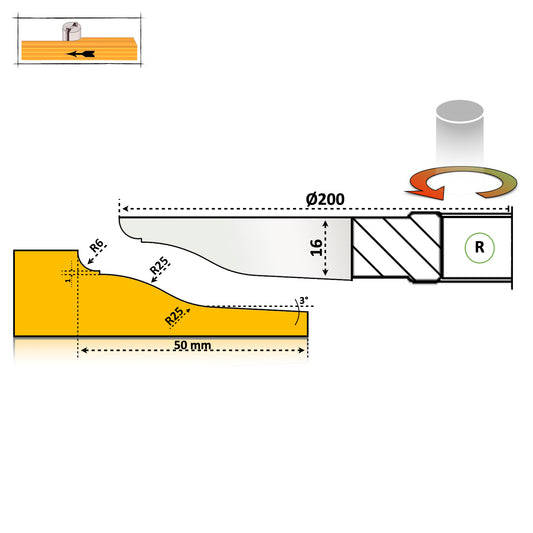 Freza Tablie Usi Cu nut de 1 mm si profil rotund partea activa asupra lemnului 
