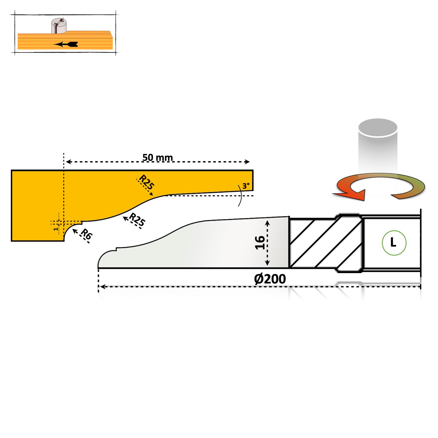 Freza Tablie Usi Cu nut de 1 mm si profil rotund partea activa sub lemn