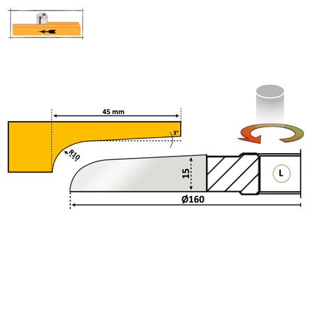 Freza Tablie Mobila cu adancime profil de 45 mm si 15 mm spatiu de lucru, cu un design simplu si neted cu o raza rotunjita mica pe capat cu rotatie spre dreapta, asupra lemnului pentru masina de frezat clasica