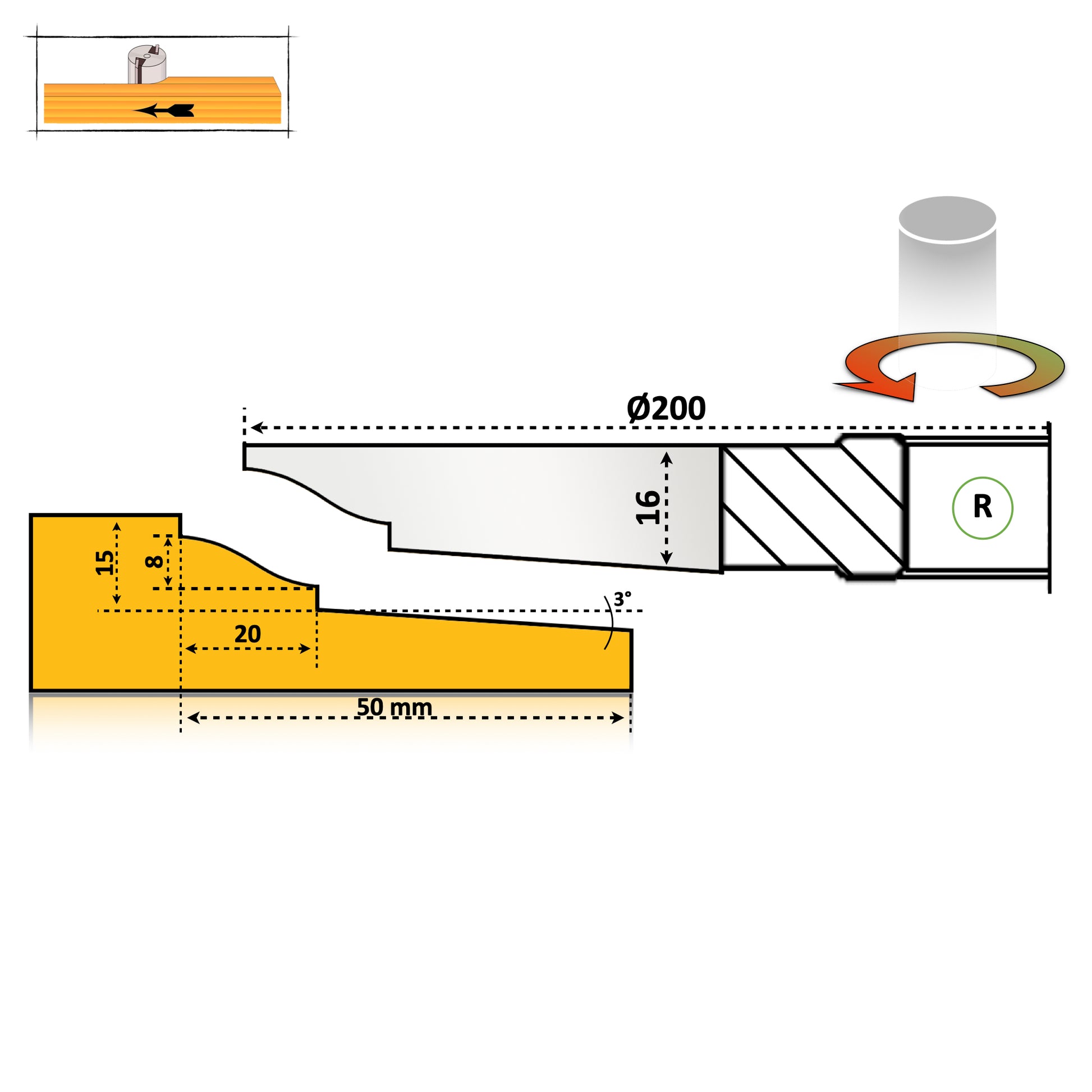 Freza diamentru 200 mm pentru tablie usi cu un profil simplu valuros cu 2 nututri si cu razele de 20 mm cu partea activa deasupra scandurei