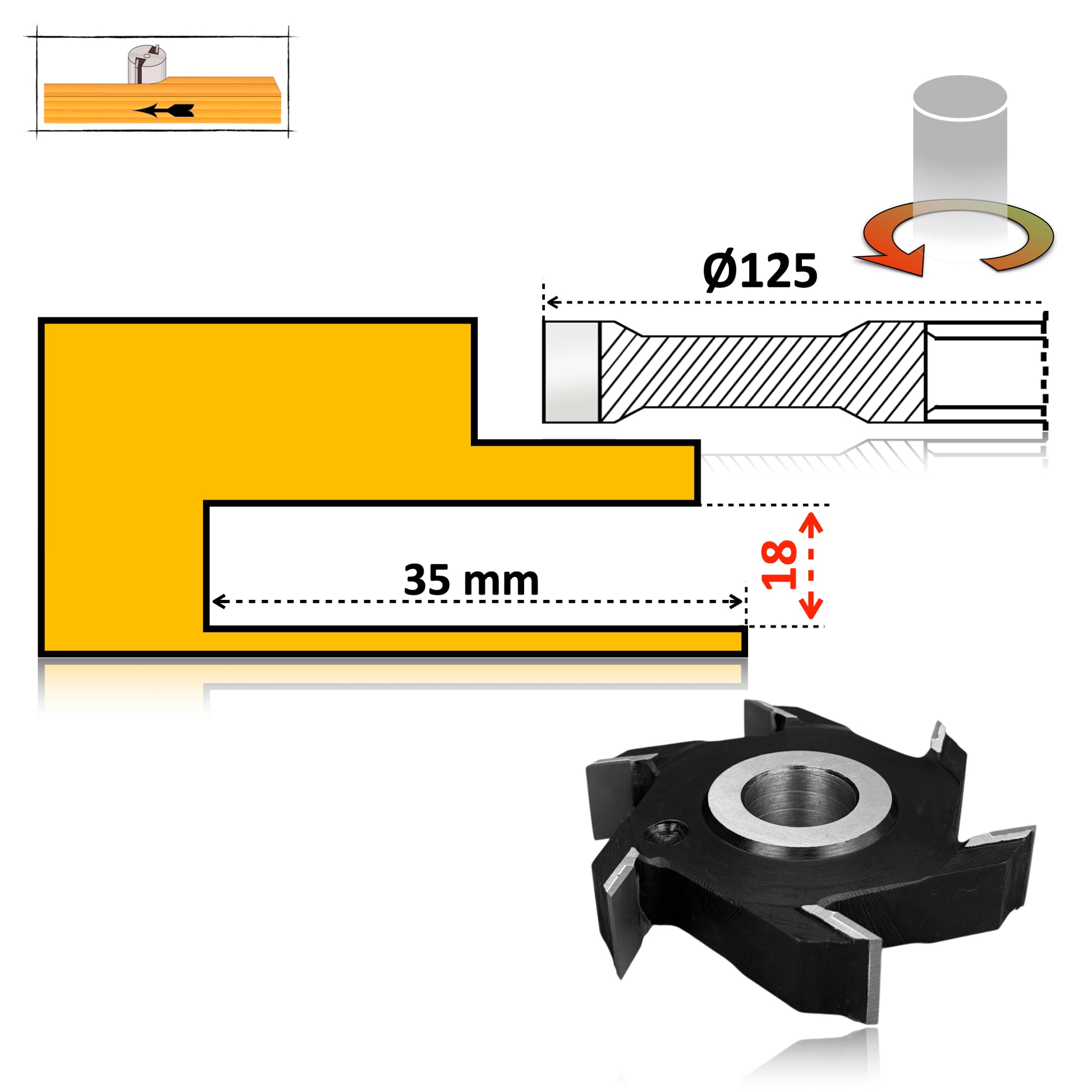 Freza pentru nut sau falt de 125 x 30 x 18 pentru lemn esenta moale sau tare  