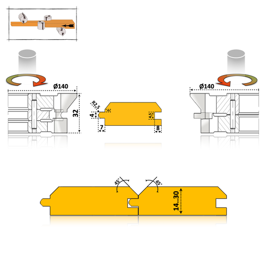 Set freze lambriu pentru masina 4 fete cu profil tesit la 45 grade cu deschidere de 90 grade pentru lemn esenta moale si tare la casute, cabane