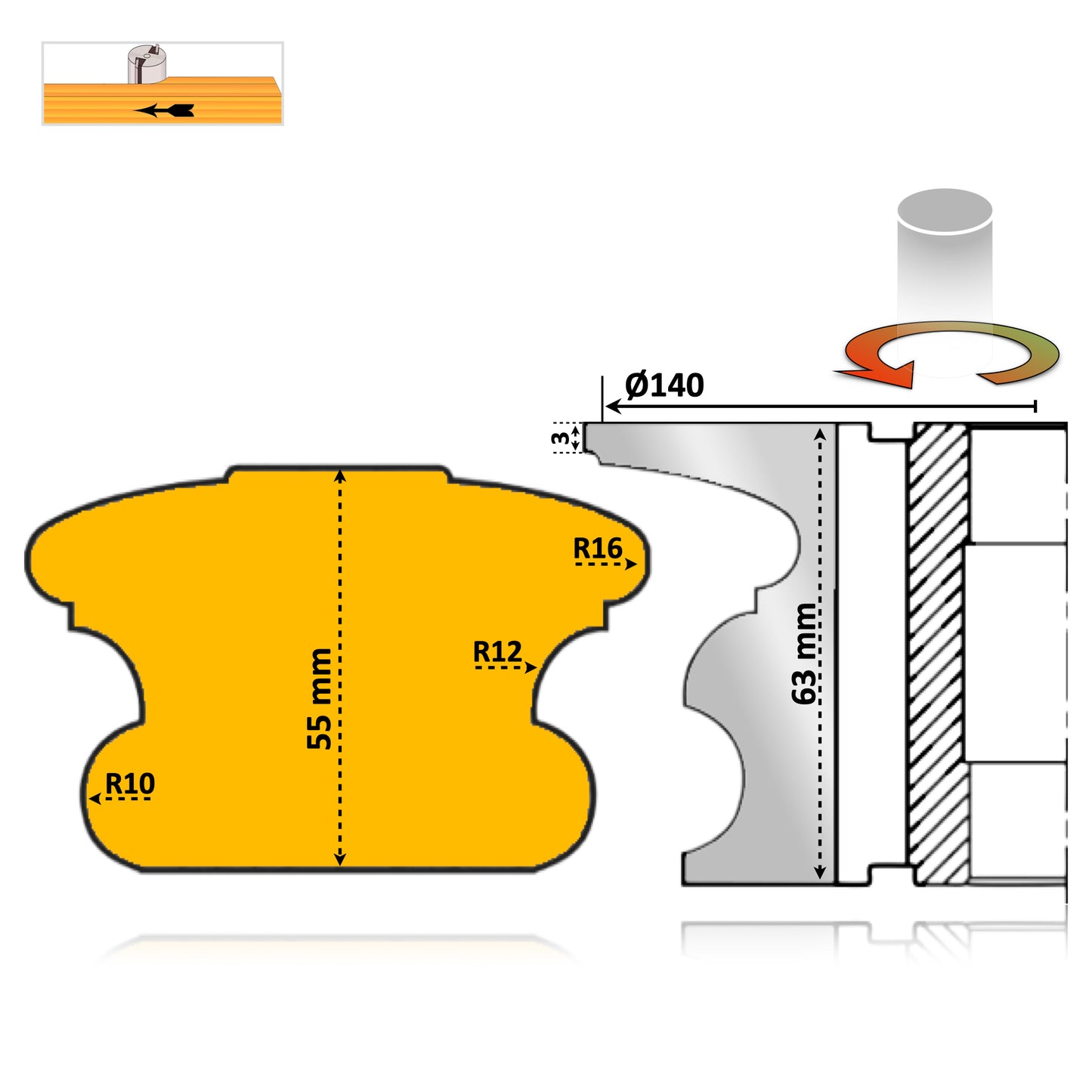 Freza pentru mana curenta brazat cu pastile hss si spatiu activ de 55 mm cu un profil regal complicat 
