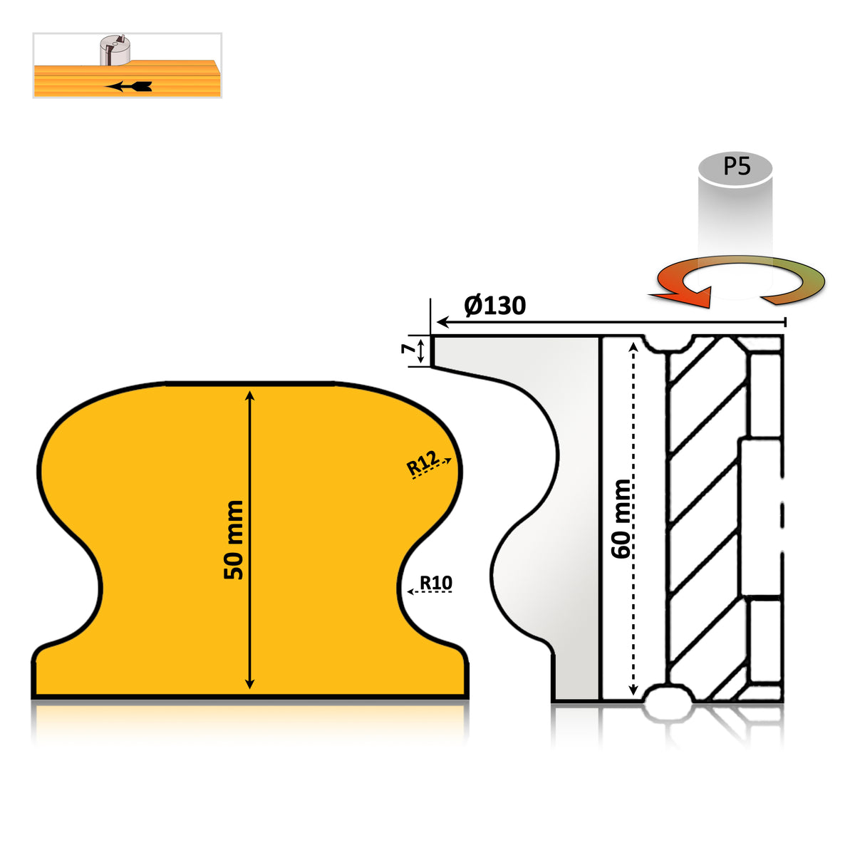 Freza profesională pentru mână curentă, 60 mm, HSS M2 (6,5% wolfram) – tăieturi netede, rezistență ridicată și compatibilitate cu mașini de frezat.