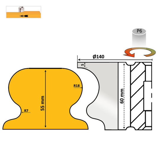 Freza Pentru Mana curenta din lemn esenta moale sau lemn masiv cu unprofil elegent si neted de 55 mm 