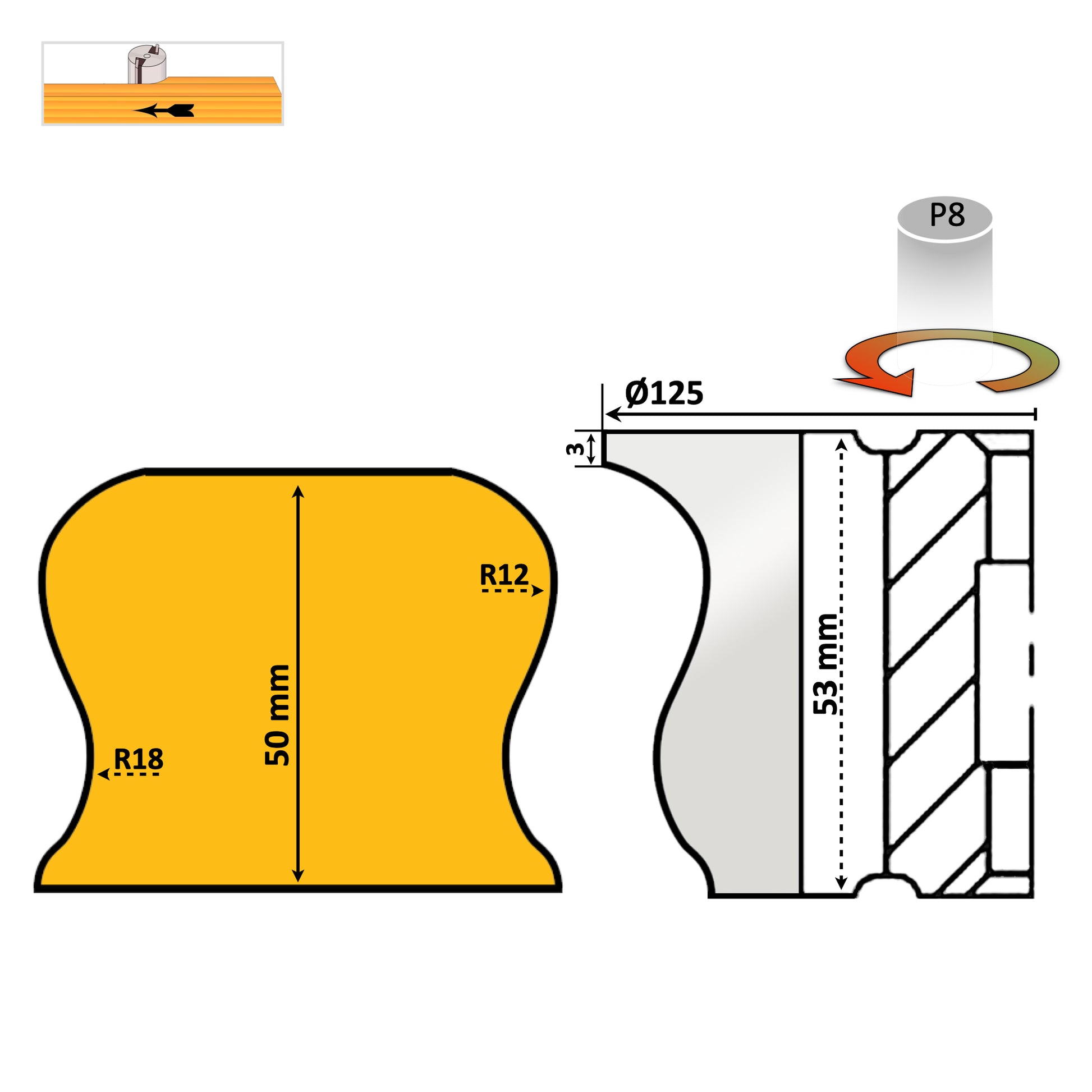 Freza profesională pentru mână curentă – 50 mm, 4 cuțite HSS, alezaj 30 mm (personalizabil). Oferă precizie și durabilitate în prelucrarea lemnului.