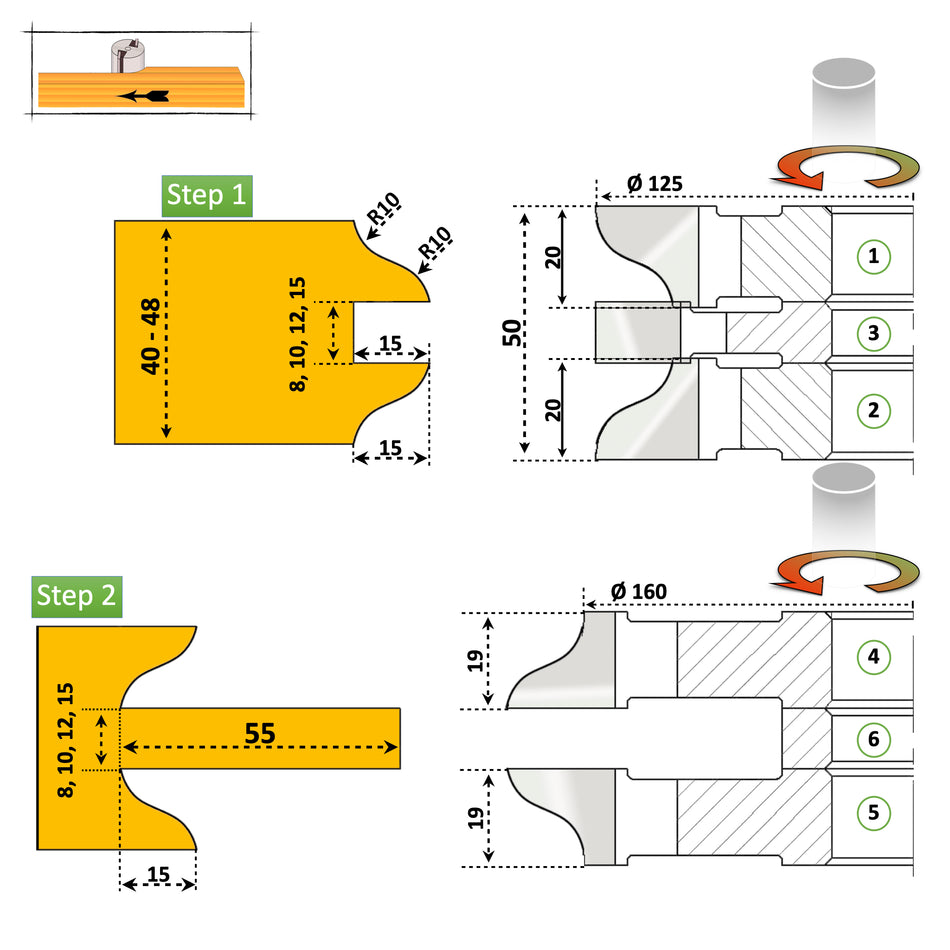 Set Freze Reglabile pentru usi de interior cu un profil neted si usor de slefuit avand spatiu de lucru de la 40 la 48 mm pentru esenta moale si tare 