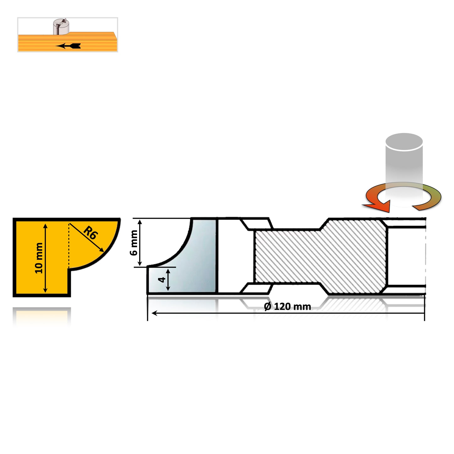 Freza Concavă Sfert de Cerc HSS sau Semi Luna pentru rotunjire cant cu raza de 6 mm pe stanga sau de sub lemn
