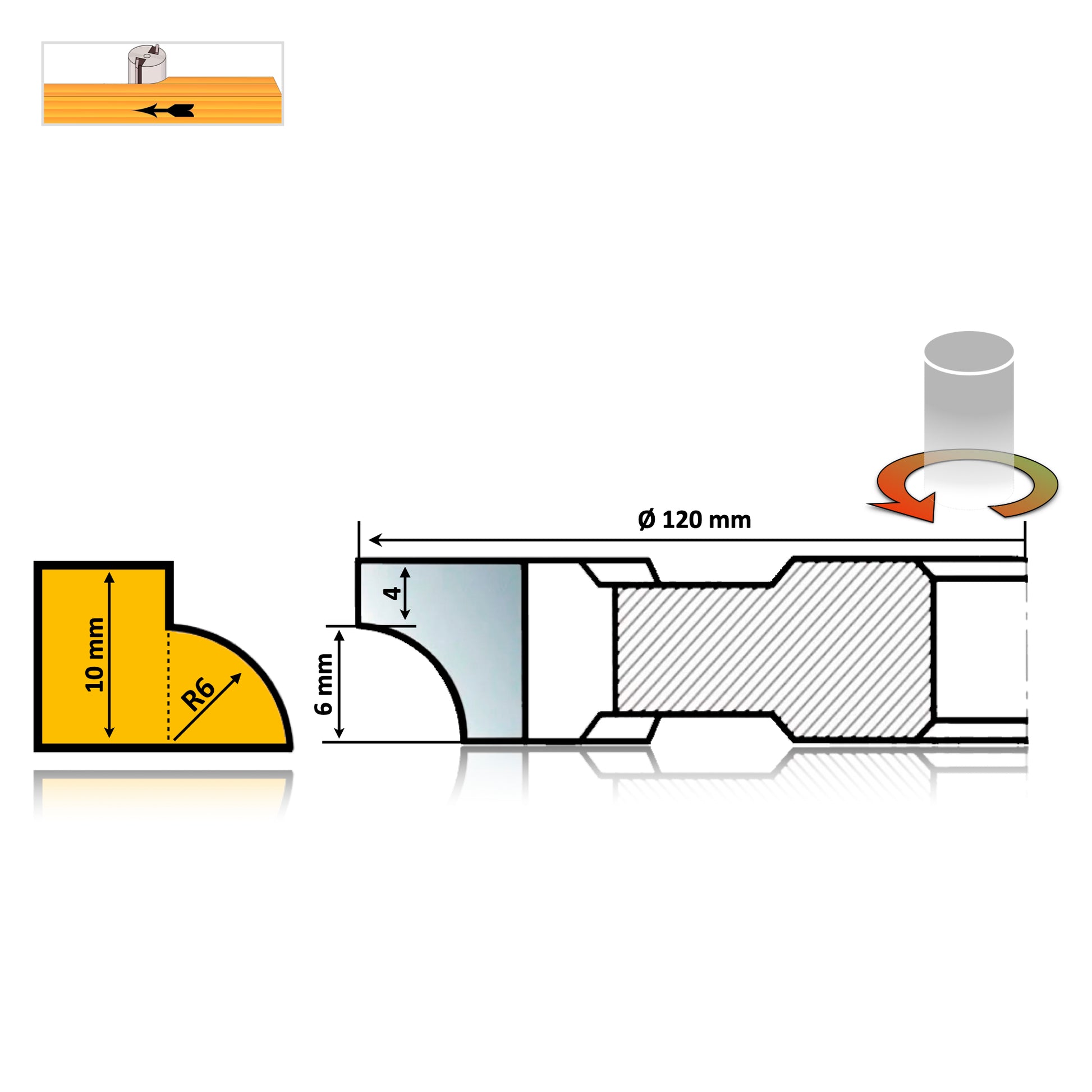 Freza Concavă Sfert de Cerc HSS sau Semi Luna pentru rotunjire cant cu raza de 6 mm pe dreapta sau deasupra lemnului