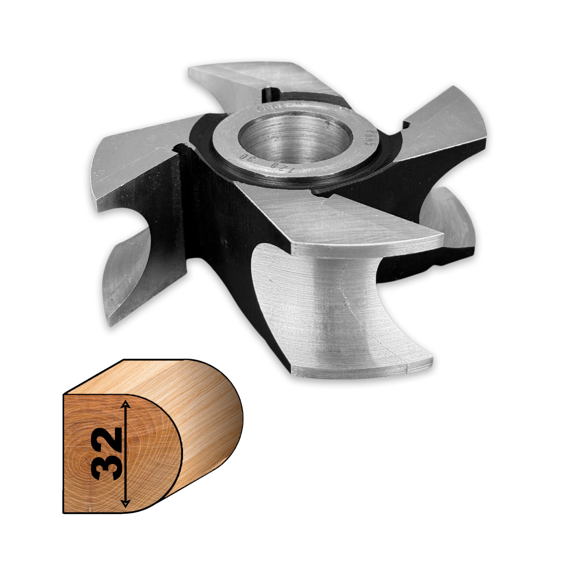 Freza concavă R16 – 32 mm, 4 dinți HSS M2, ideală pentru canturi late, grinzi, cozi de sapă, lopată sau alte unelte din lemn.