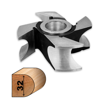 Freza concavă R16 – 32 mm, 4 dinți HSS M2, ideală pentru canturi late, grinzi, cozi de sapă, lopată sau alte unelte din lemn.