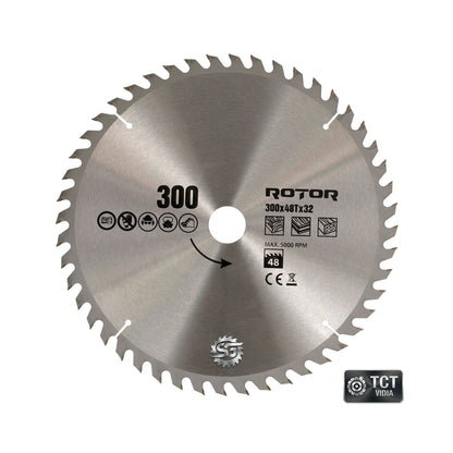 Disc de Tăiat Lemnul 300×32/30 mm, 48 Dinți cu Inel de Reducție – ROTOR