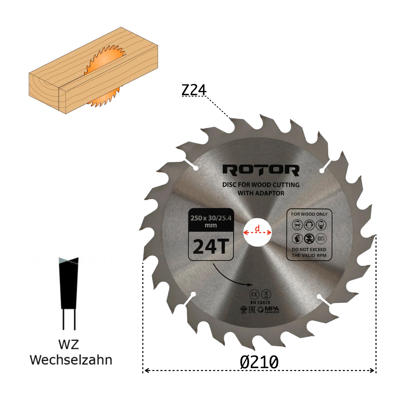 Disc de Tăiat Lemnul 250×30/25 mm, 24 Dinți (24T) cu Inel de Reducție – ROTOR
