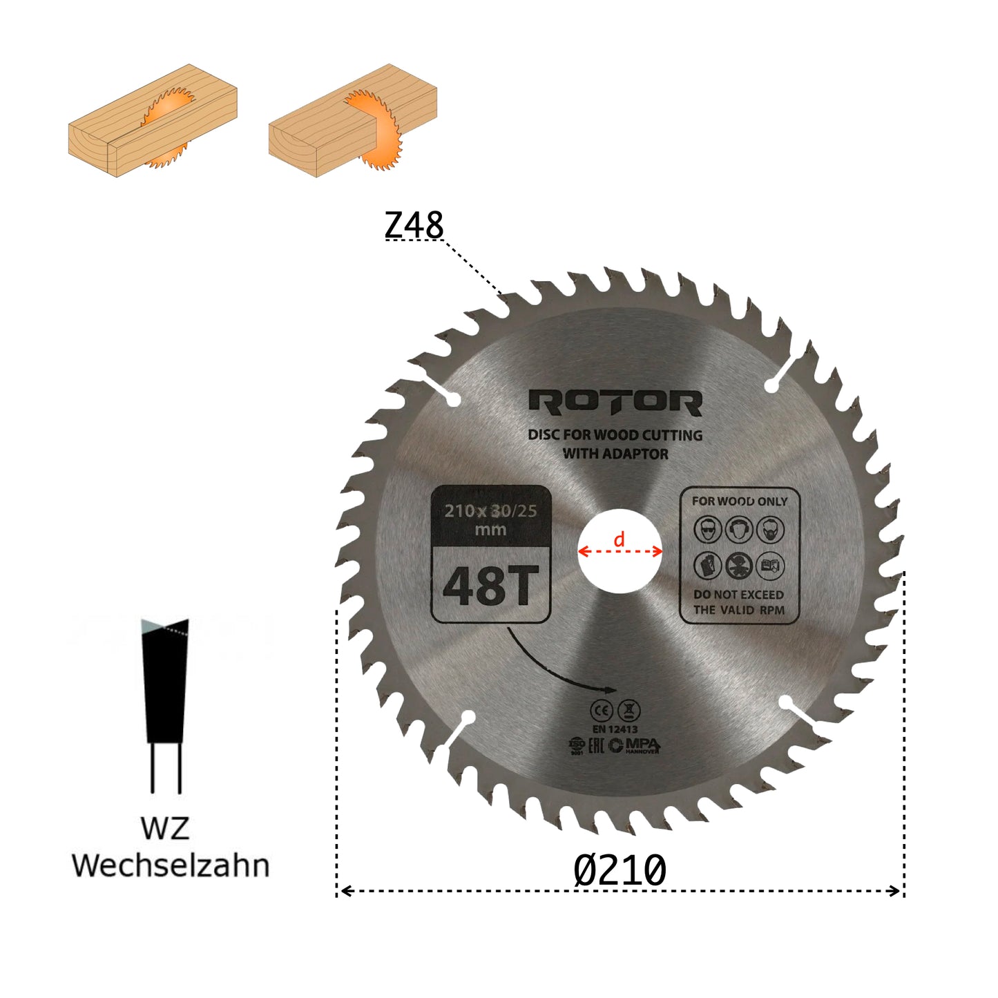 Discuri de Tăiat Lemnul ROTOR 210×30/25 mm – Variante 24T / 48T / 60T