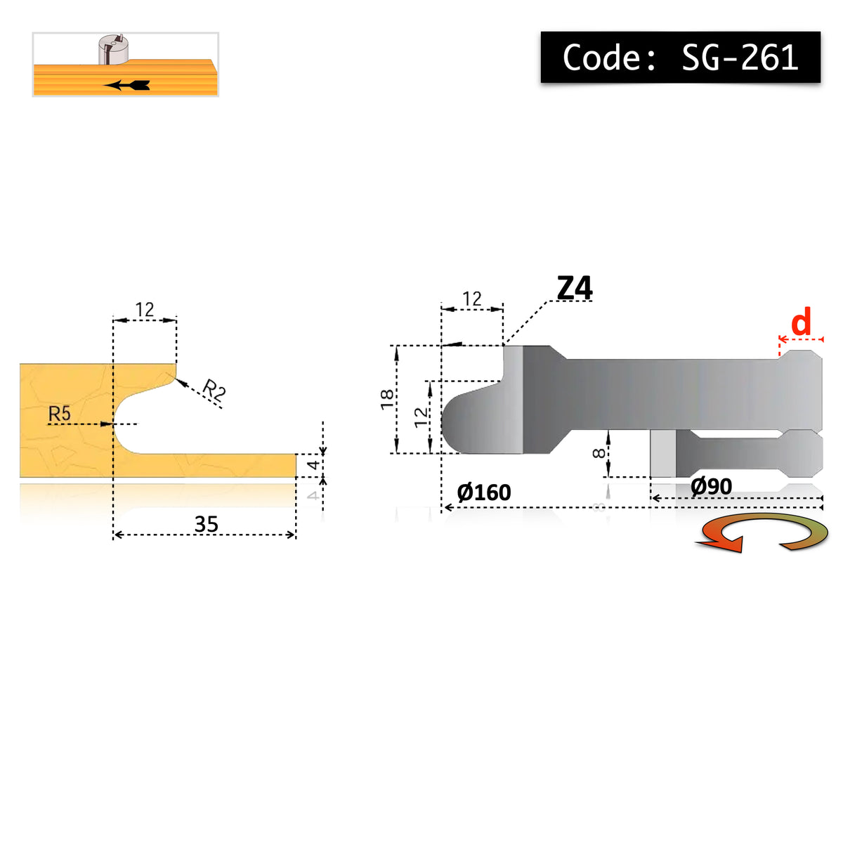Technical drawing, integrated pull handle shaper cutter – model 261