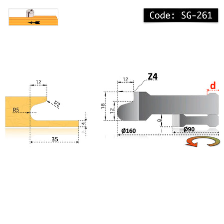 Technical drawing, integrated pull handle shaper cutter – model 261