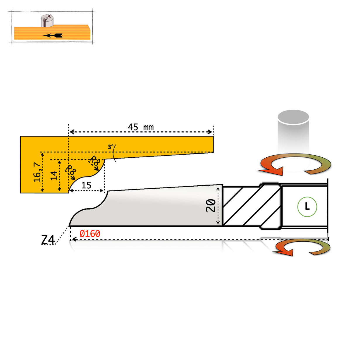 Technical drawing, P12 panel cutter D160 – below-workpiece position (L)