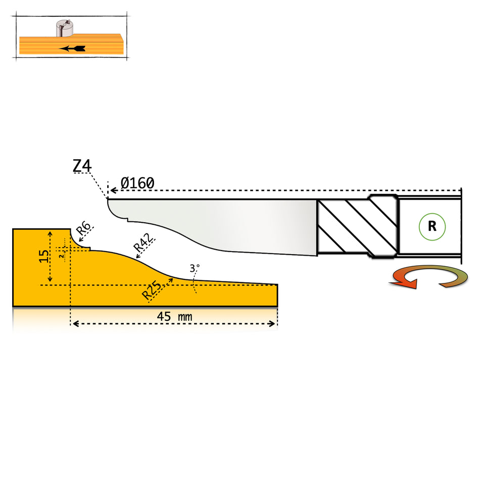 Technical drawing, P21 panel cutter D160 – above the workpiece (R)