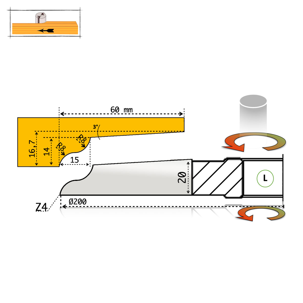 Technical drawing, P12 panel cutter D200 – below-workpiece position (L)