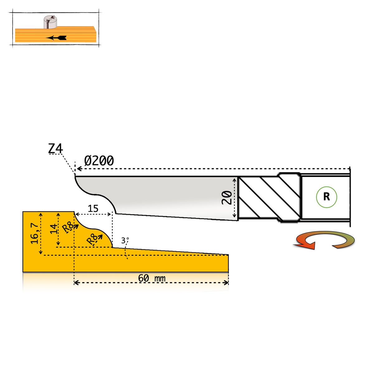 Technical drawing, P12 panel cutter D200 – above-workpiece position (R)