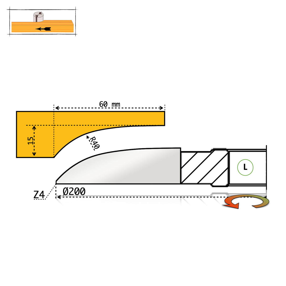 Technical drawing, P8 panel cutter D200 – below the workpiece (L)