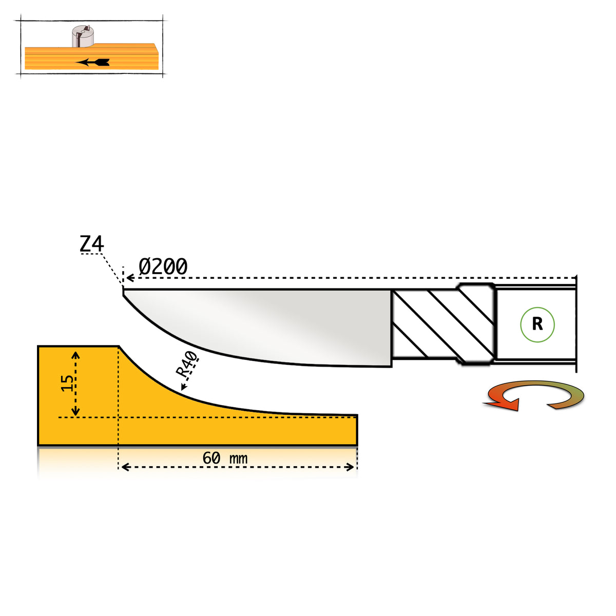 Technical drawing, P8 panel cutter D200 – above the workpiece (R)