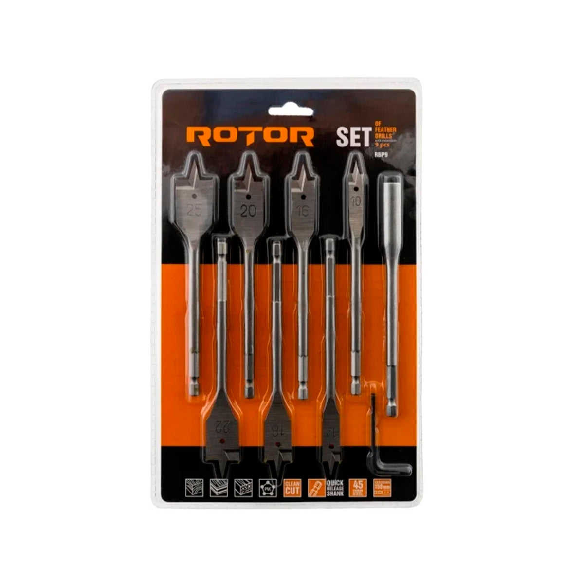 Set Burghie Plate (Pană) pentru Lemn – 9 Bucăți (10–25 mm) | ROTOR RBP9