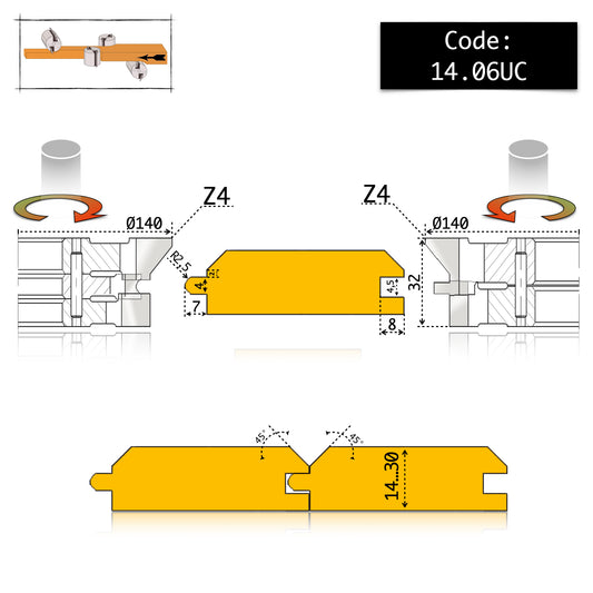 Set freze lambriu pentru masina 4 fete cu profil tesit la 45 grade cu deschidere de 90 grade pentru lemn esenta moale si tare la casute, cabane