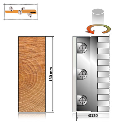 Sculă de tâmplărie tip cap de rindeluire cilindric 120x40x130 mm, corp metalic cu cuțite amovibile pentru finisarea suprafețelor plane din lemn.