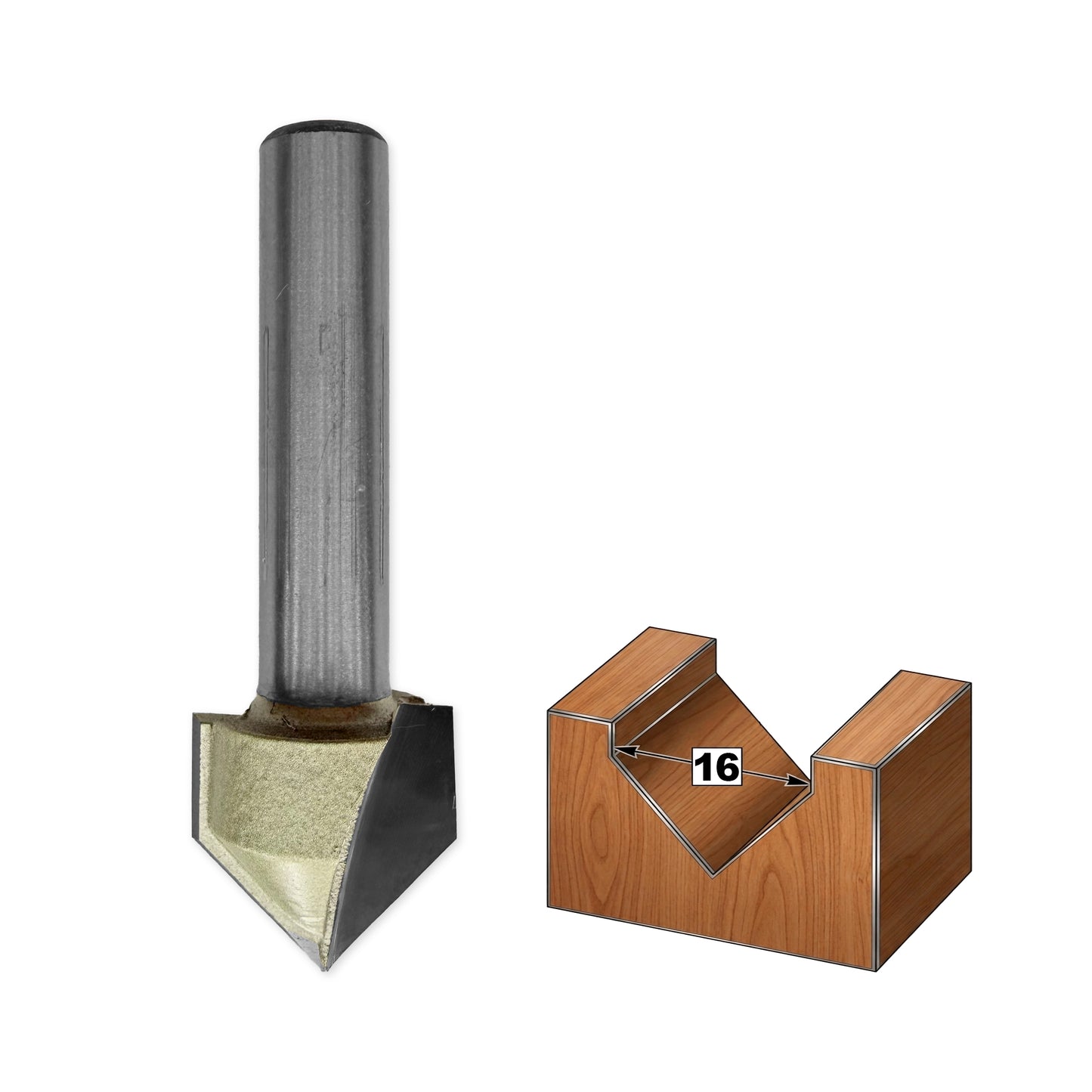V-Groove Router Bit D=16mm, S=8mm, Lc=16mm, Z2 – T.C.T. (Carbide) – Vatzo