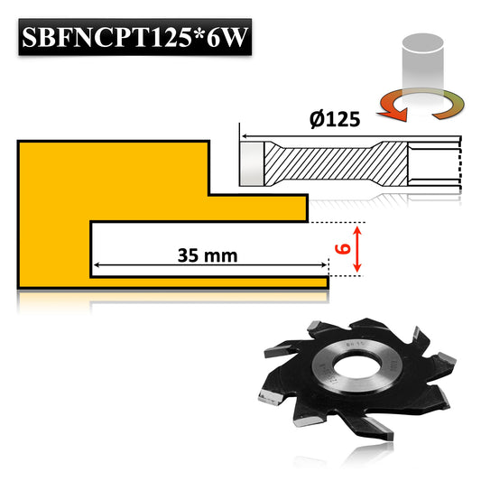 Freză nut cu cuțit pre-tăietor pentru lemn, diametru 125 x 6 mm, Vidia – ideală pentru falturi și caneluri precise.