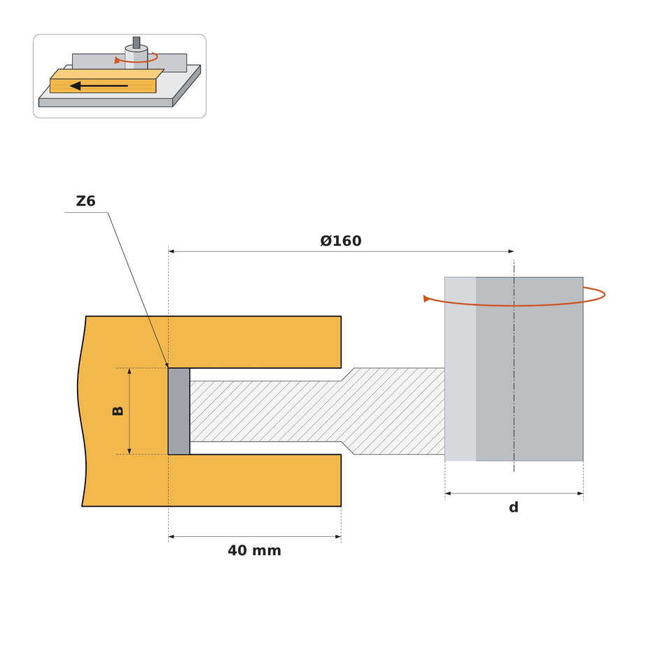 Desen tehnic freză nut-falț Z6 Ø160 mm HW (K40) – lățime B, adâncime de tăiere 40 mm, alezaj d