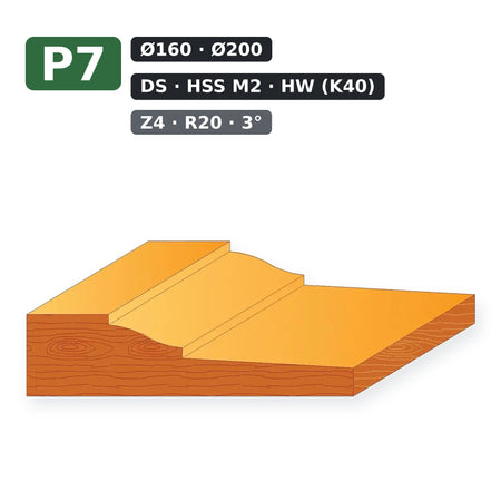 Freză pentru tăblie lemn profil P7, D160–D200 mm, variante DS Steel, HSS M2 și HW (K40)