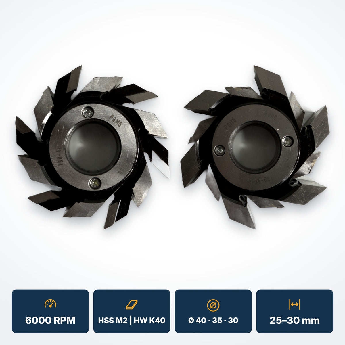 Freze nut și feder drept D130, alezaj Ø40 mm – vedere de sus, tăișuri HSS M2 (marcaj P6M5)