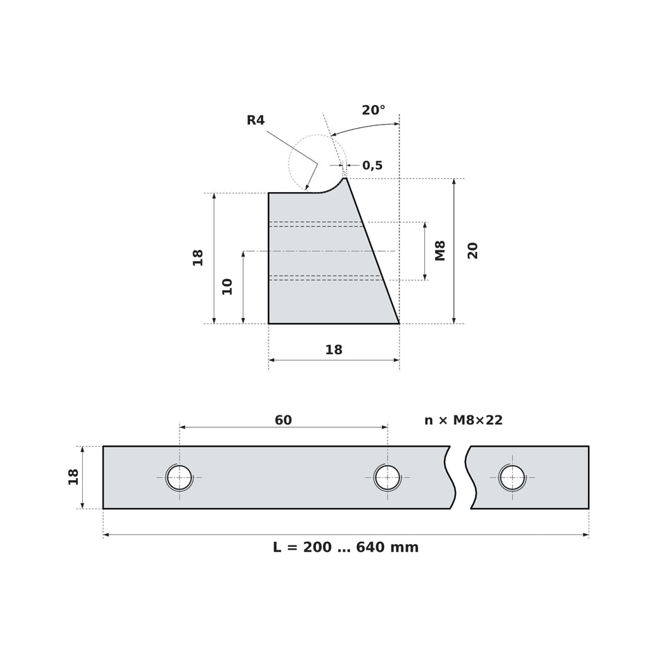 Pană Port-Cuțit pentru Abric L200–L640 mm | Șuruburi M8×22 Incluse | Oțel Tratat Termic