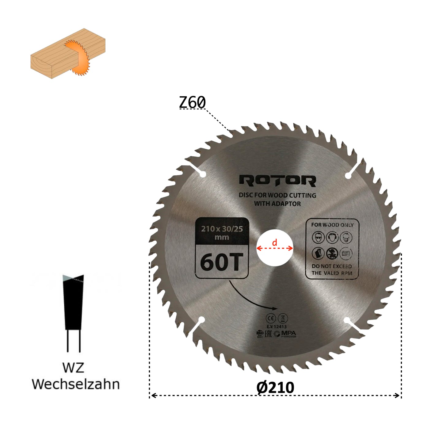 Discuri de Tăiat Lemnul ROTOR 210×30/25 mm – Variante 24T / 48T / 60T