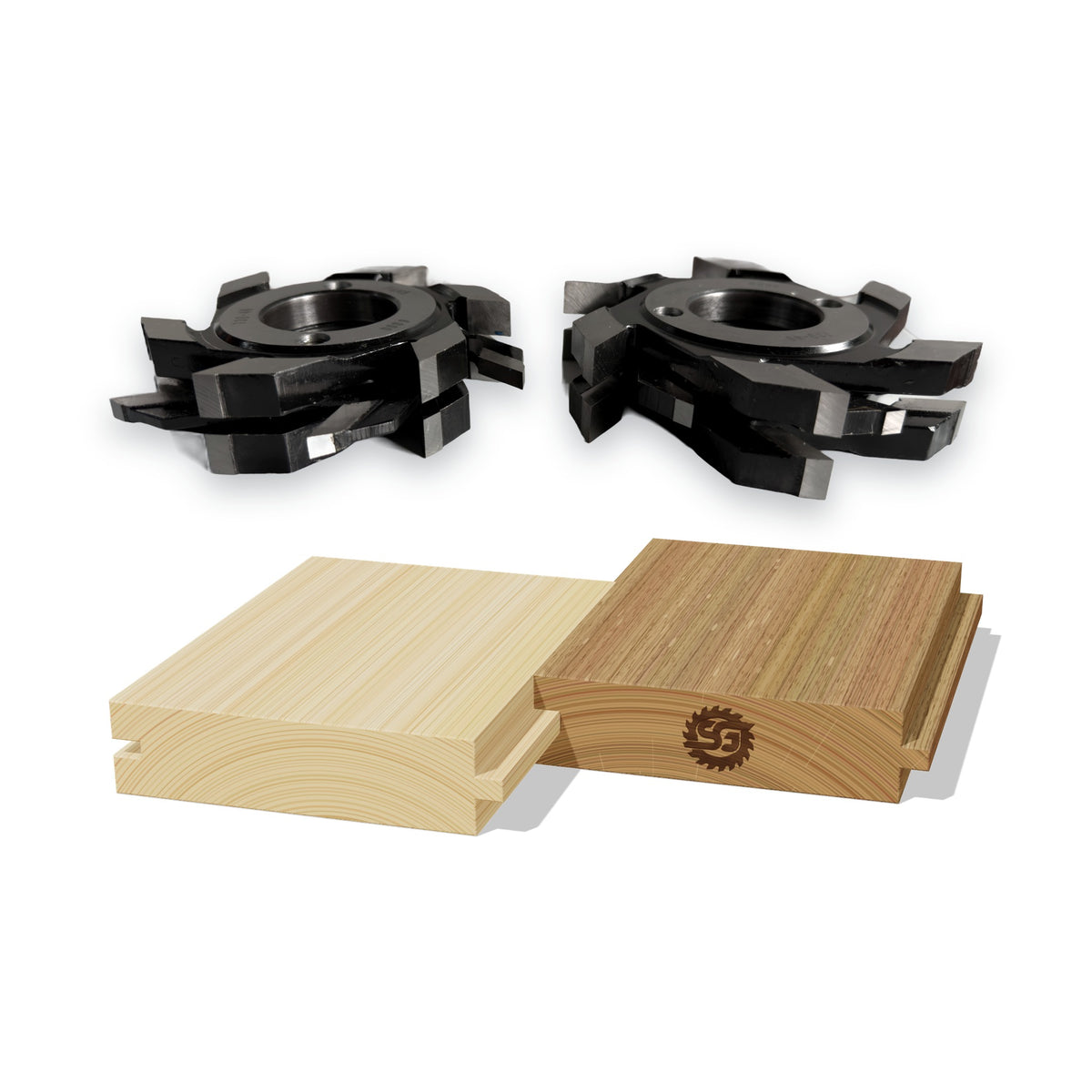 Set 6 freze nut și feder drept D130, alezaj Ø40 mm, HSS M2 – grupele nut și feder deasupra scândurilor cu îmbinare nut-feder