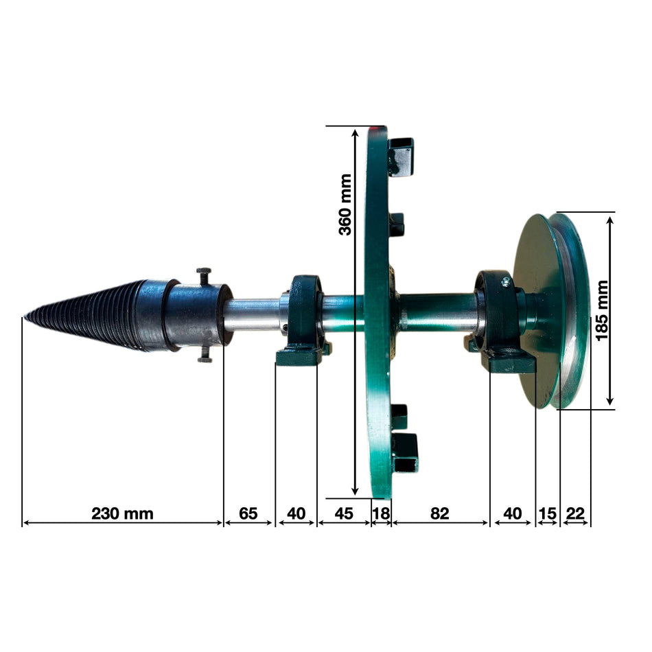 Sistem pentru despicare lemn – volantă de 36 cm, con melcat 230 mm, rulmenți P207, fără vibrații, fiabil și ușor de utilizat.