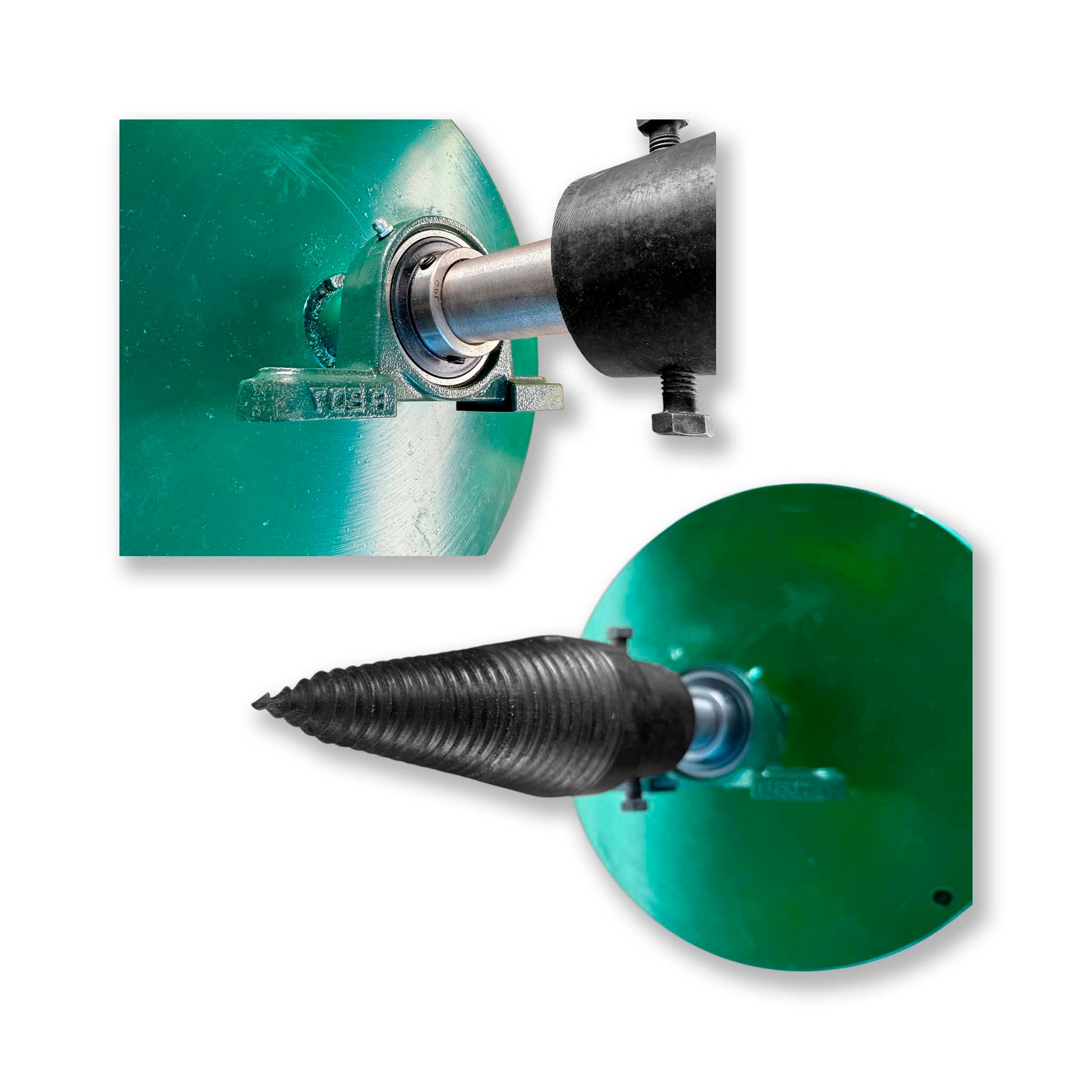 Dispozitiv crăpat lemne – sistem balansat cu volantă, con melcat 80 mm bază, filetat stânga, eliminare vibrații, eficiență maximă.